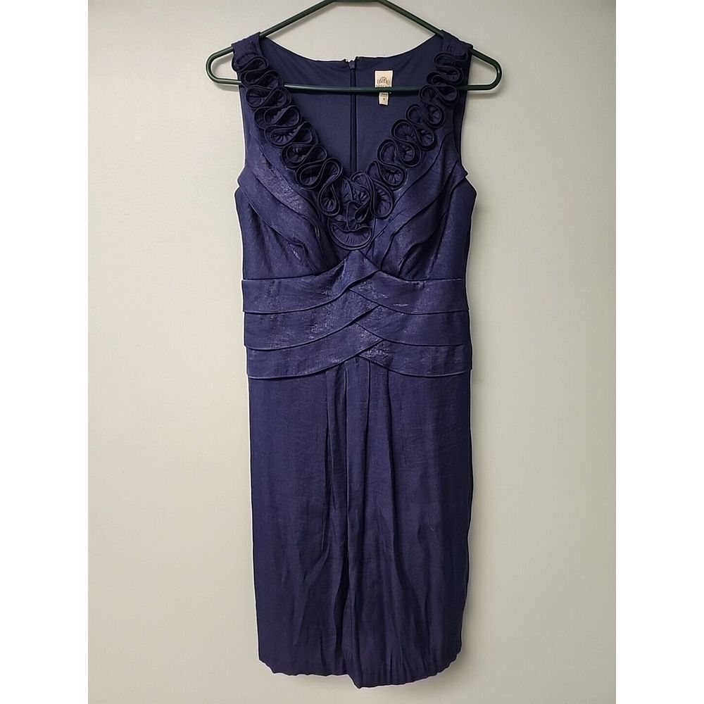 Sangria Women's 6 Metallic Navy Satin‎ Ruffle Sleeveless Sheath Dress Party